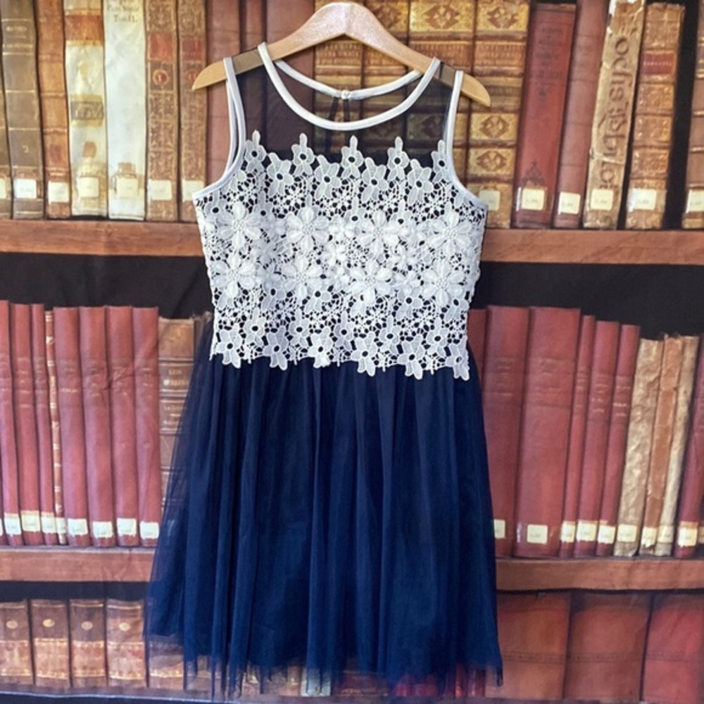 Girls Dorissa Navy Lace Tulle Dress Floral A-Line Formal Party Dress